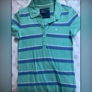 American Eagle Women’s Teal Striped Polo - Size S